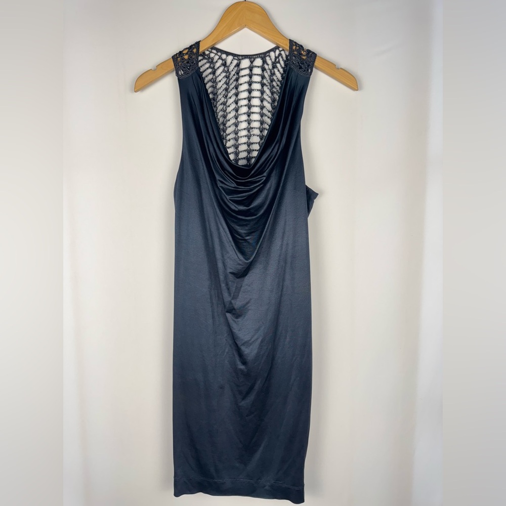 Bebe Ruched Bodycon Cowl Neck Dark Blue Midi Dress
